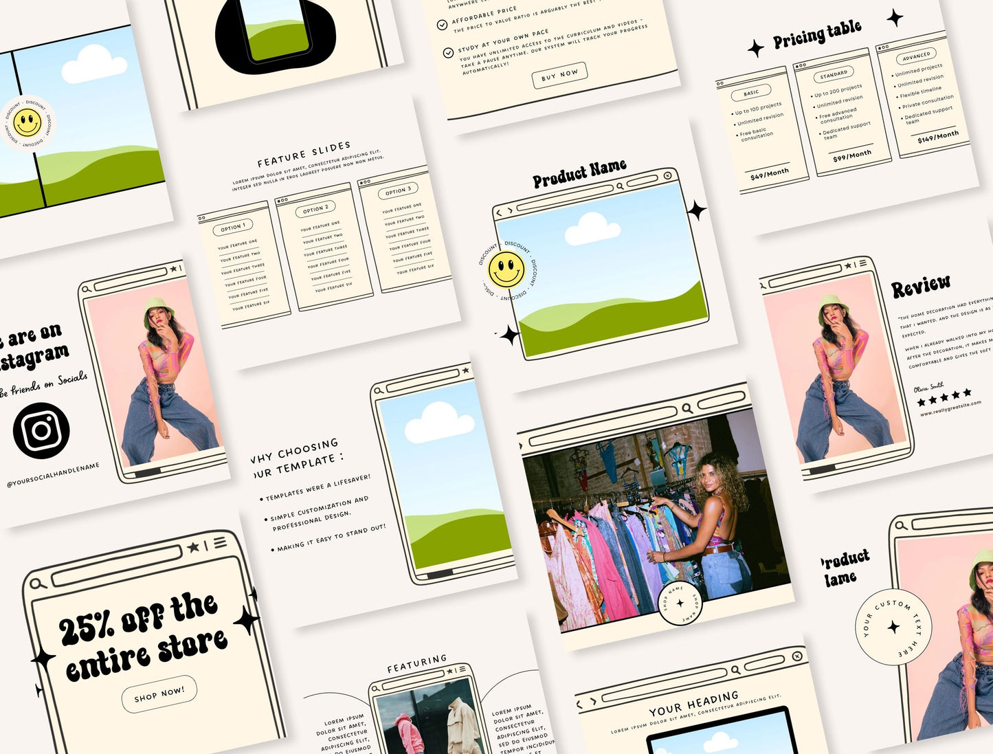 Etsy Shop Kit Retroframe Bundle, Editable Canva Templates, Product Listing Photos Mockup, Etsy Seller Retro Drawn Store Branding