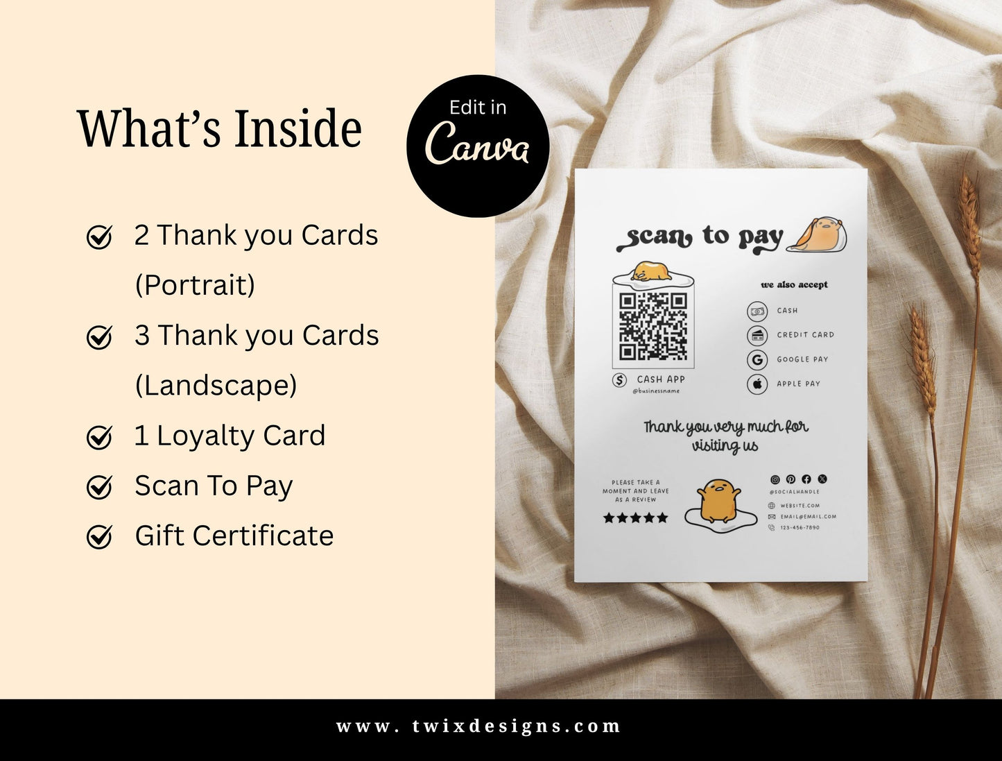 Small Business Printable Canva Templates – Thank You & Loyalty Card, Gift Certificate, QR Code Payment Gudetama Playful Fun Theme