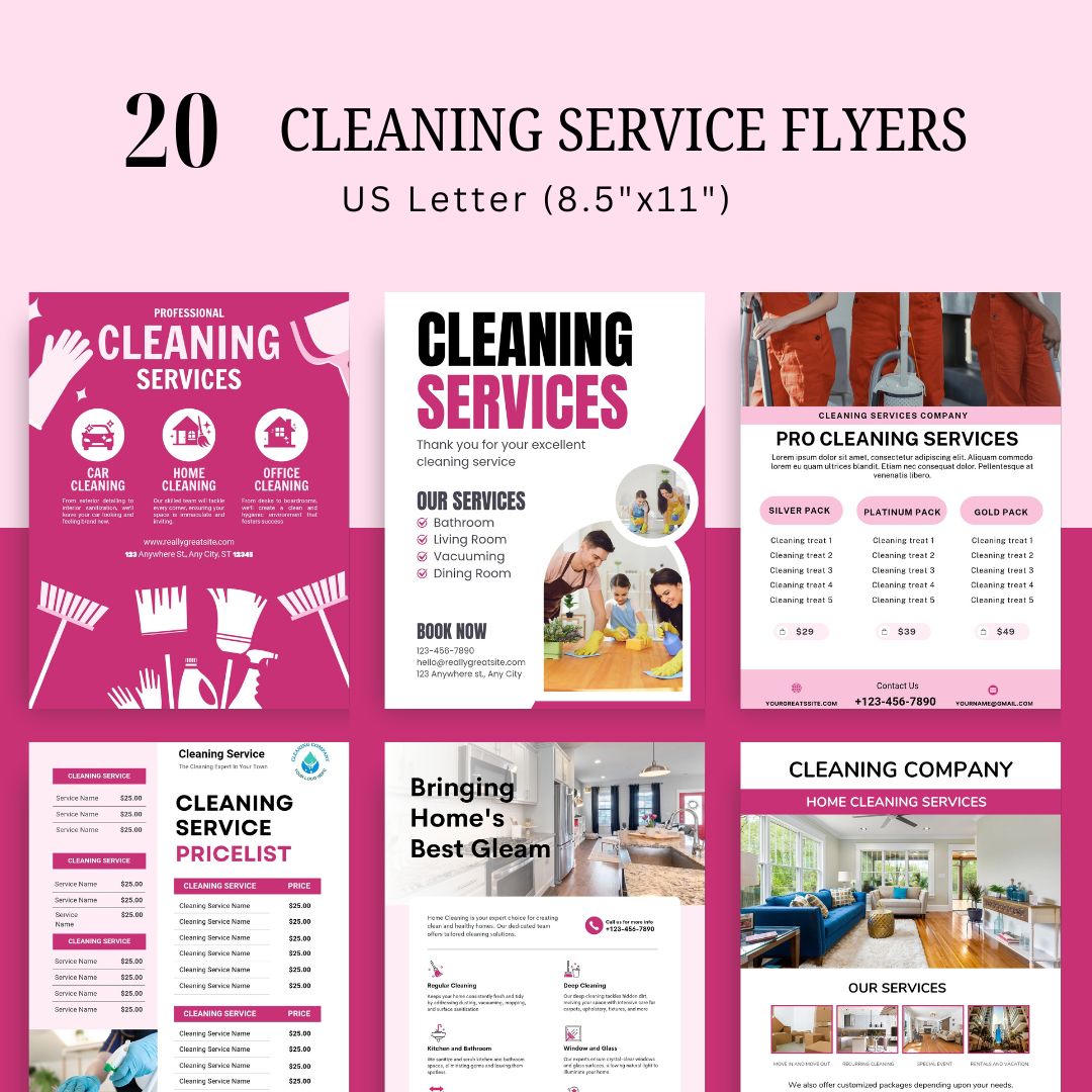 Cleaning Services Bundle, Business Forms, Door Hanger, Flyers, Business Card, Social Media Post, Canva Templates Pink Theme