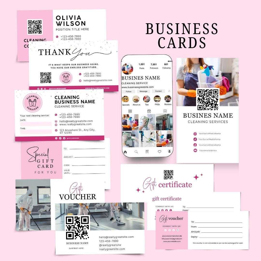 Cleaning Services Bundle, Business Forms, Door Hanger, Flyers, Business Card, Social Media Post, Canva Templates Pink Theme
