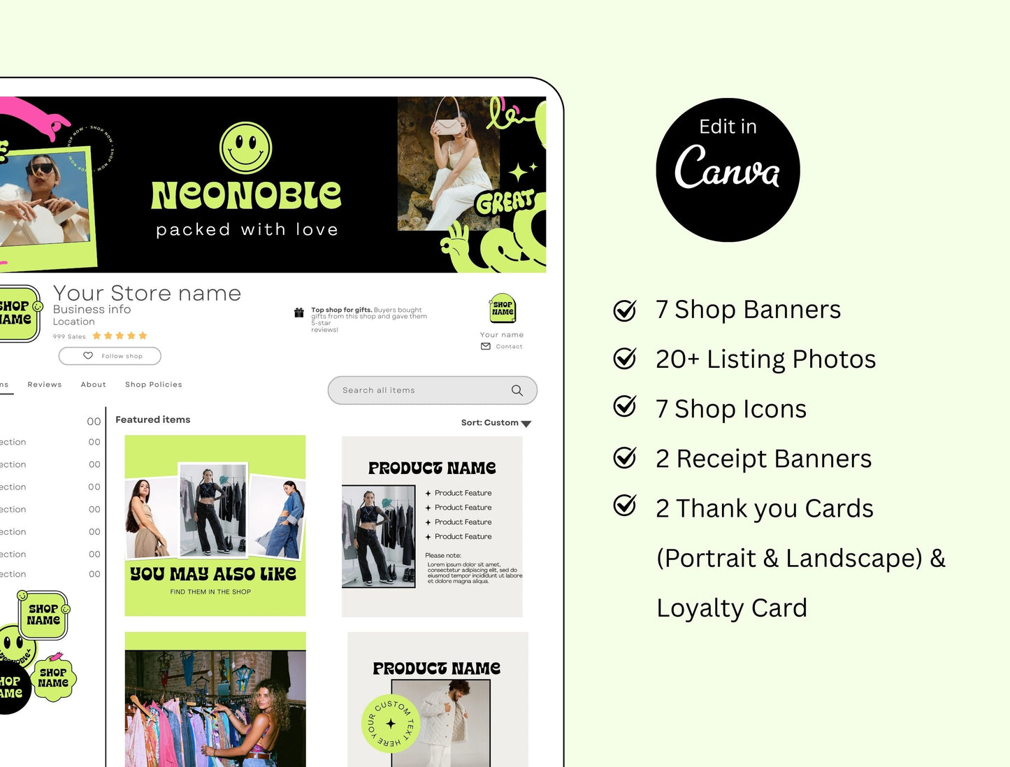 Etsy Shop Kit NeoNoble Bundle, Editable Canva Templates, Product Listing Photos Mockup, Etsy Seller Store Branding