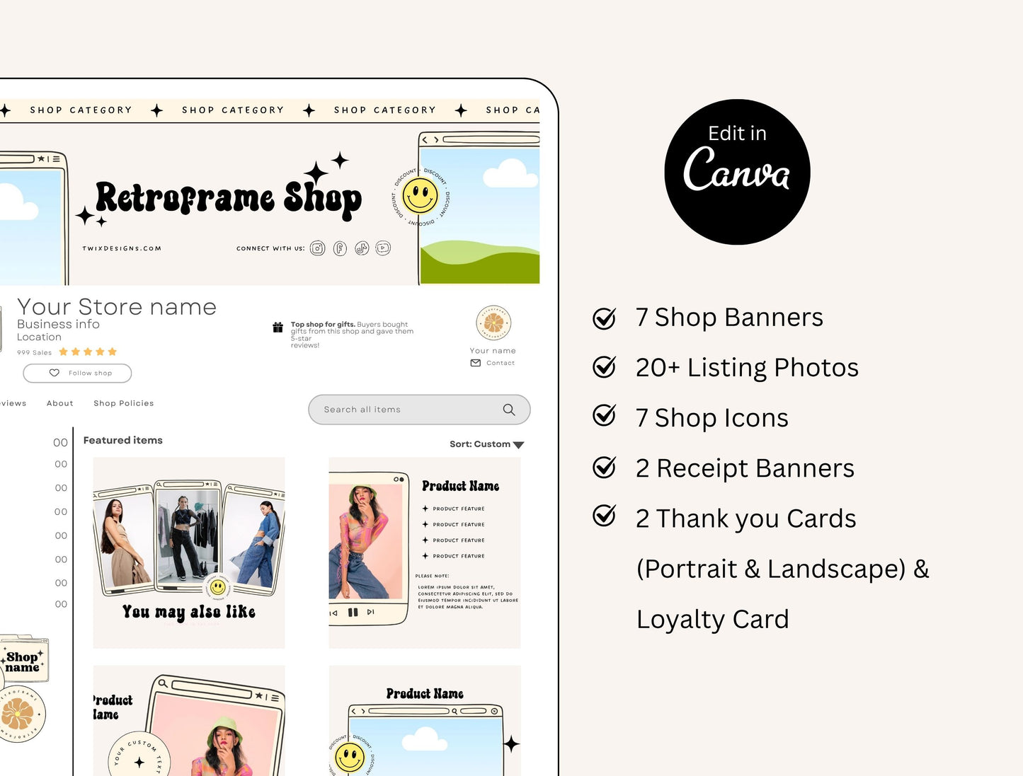 Etsy Shop Kit Retroframe Bundle, Editable Canva Templates, Product Listing Photos Mockup, Etsy Seller Retro Drawn Store Branding