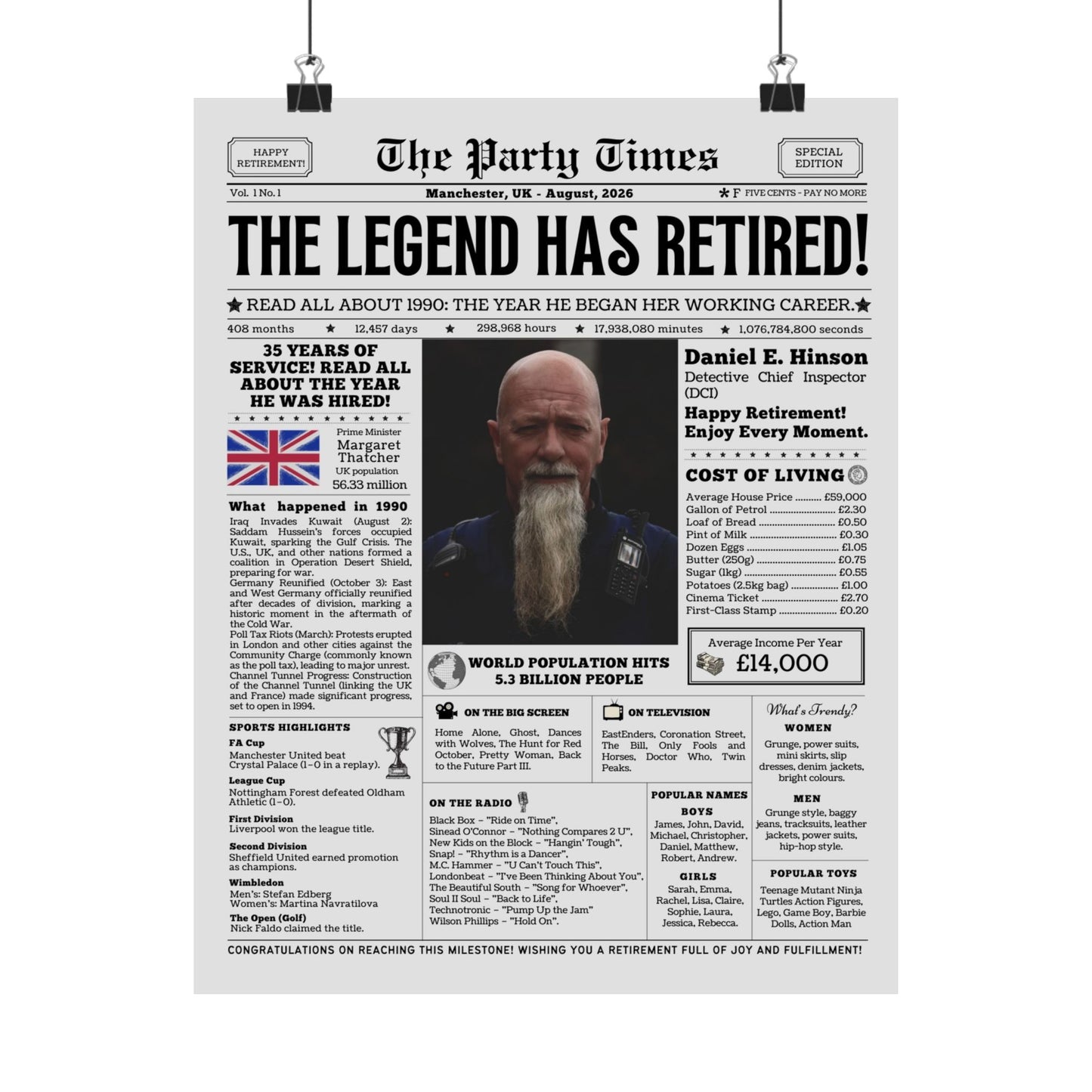Personalized UK Retirement Celebration Poster - The Legend Has Retired - Personalized Matte Vertical Print