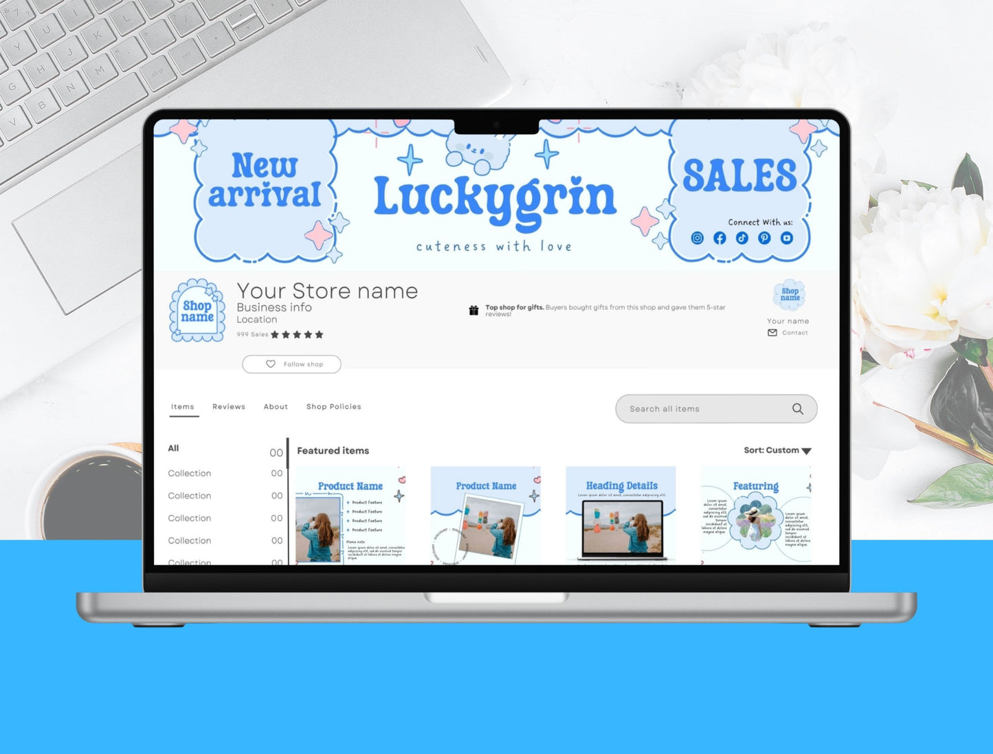 Etsy Shop Kit Luckygrin Bundle, Editable Canva Templates, Product Listing Photos Mockup, Etsy Seller Store Branding