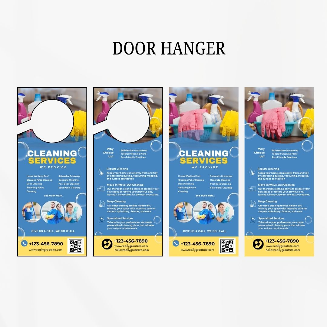 Cleaning Services Bundle, Business Forms, Door Hanger, Flyers, Business Card, Social Media Post, Canva Templates Blue Themes