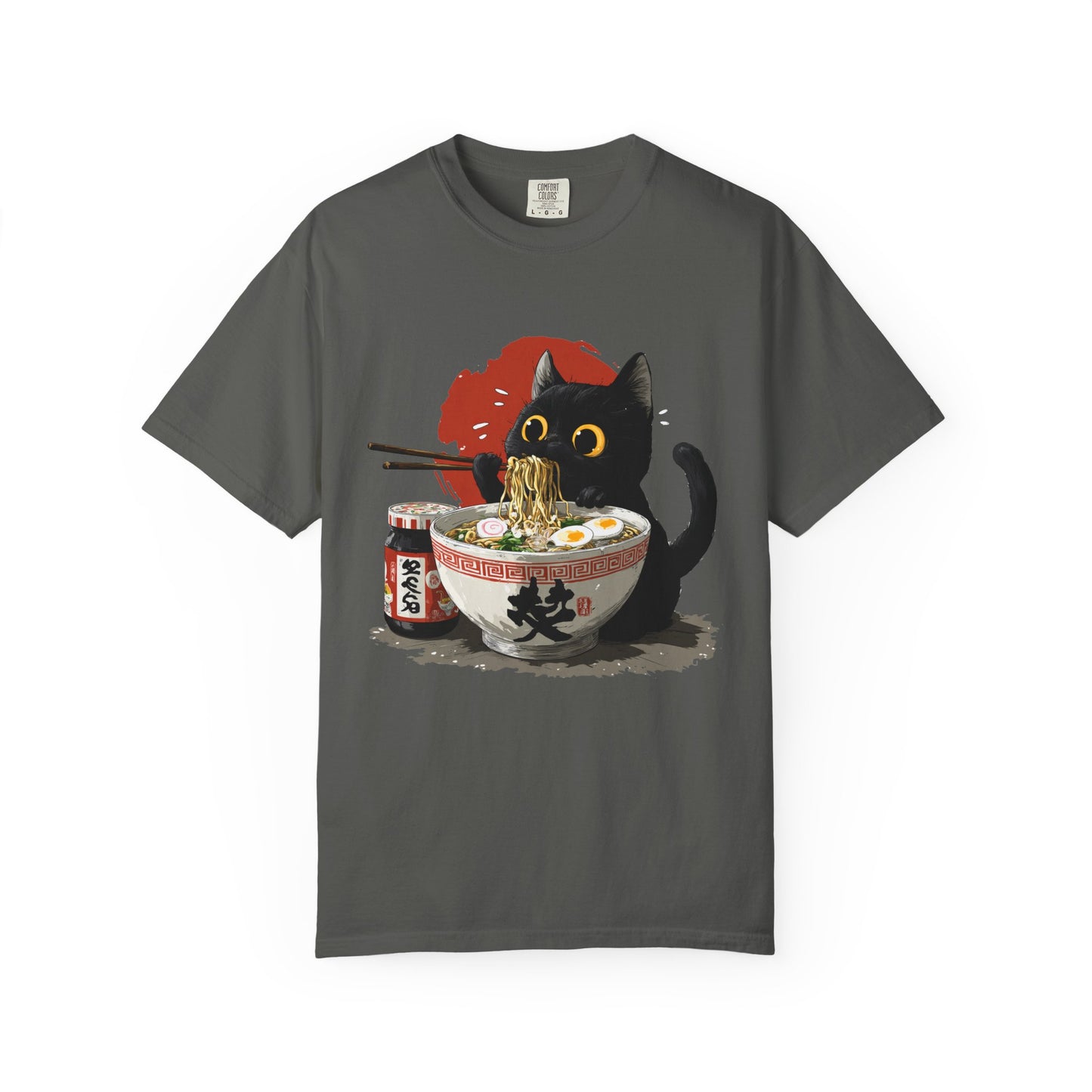 Cat eating ramen noodles Unisex Garment-Dyed T-Shirt - Casual Vintage Style for Everyday Wear