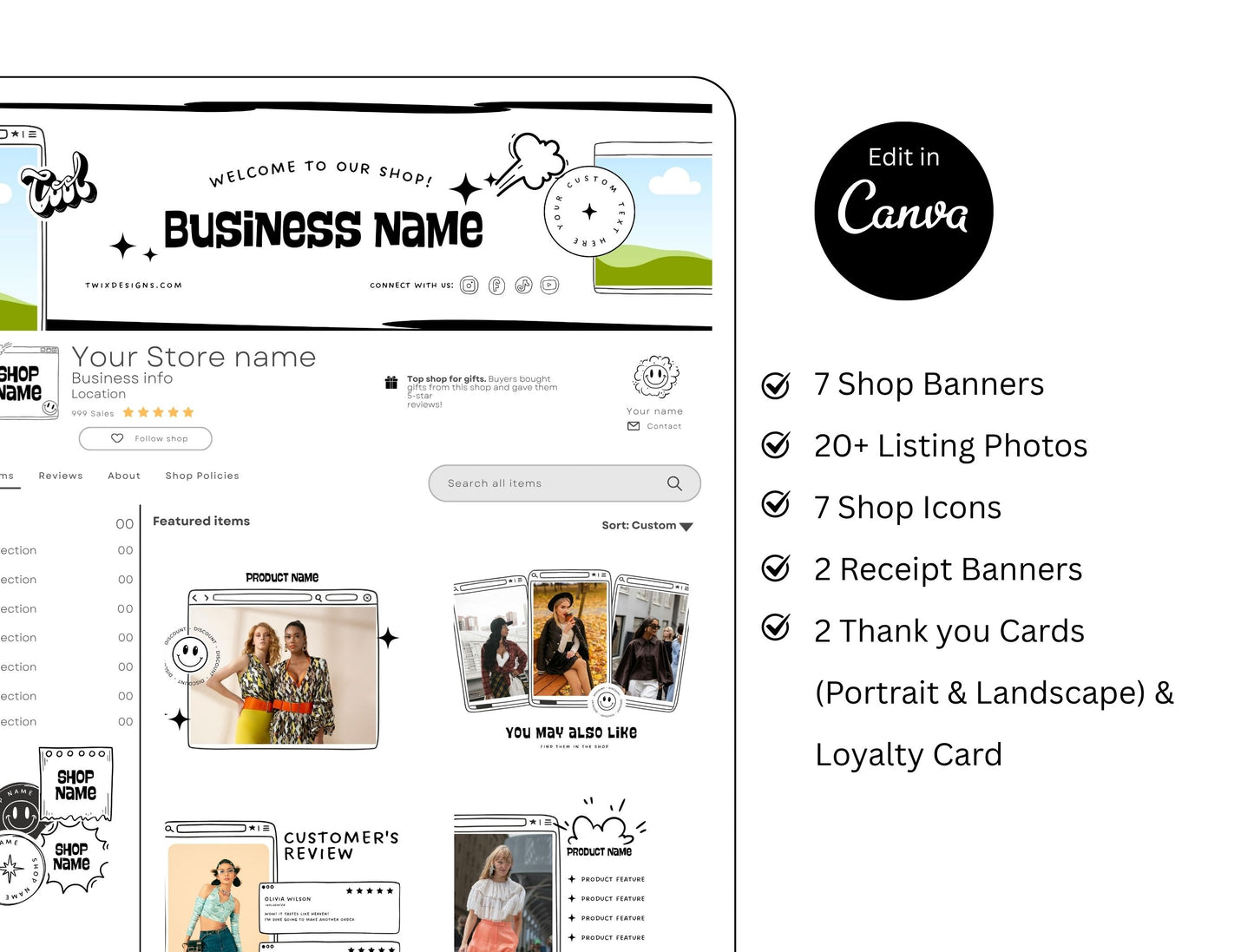 Etsy Shop Kit Comiko, Editable Canva Templates, Product Listing Photos Mockup, Etsy Seller Store Branding