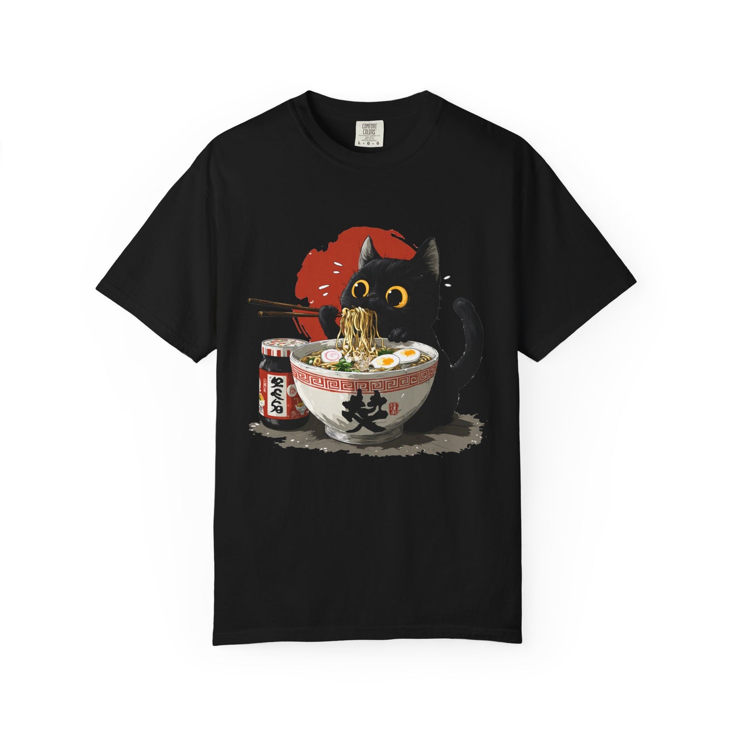 Cat eating ramen noodles Unisex Garment-Dyed T-Shirt - Casual Vintage Style for Everyday Wear