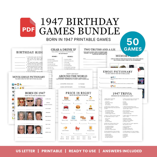 1947 Birthday Games, Born in 1947 Games, 78th Birthday Party Games, Printable Birthday Bundle