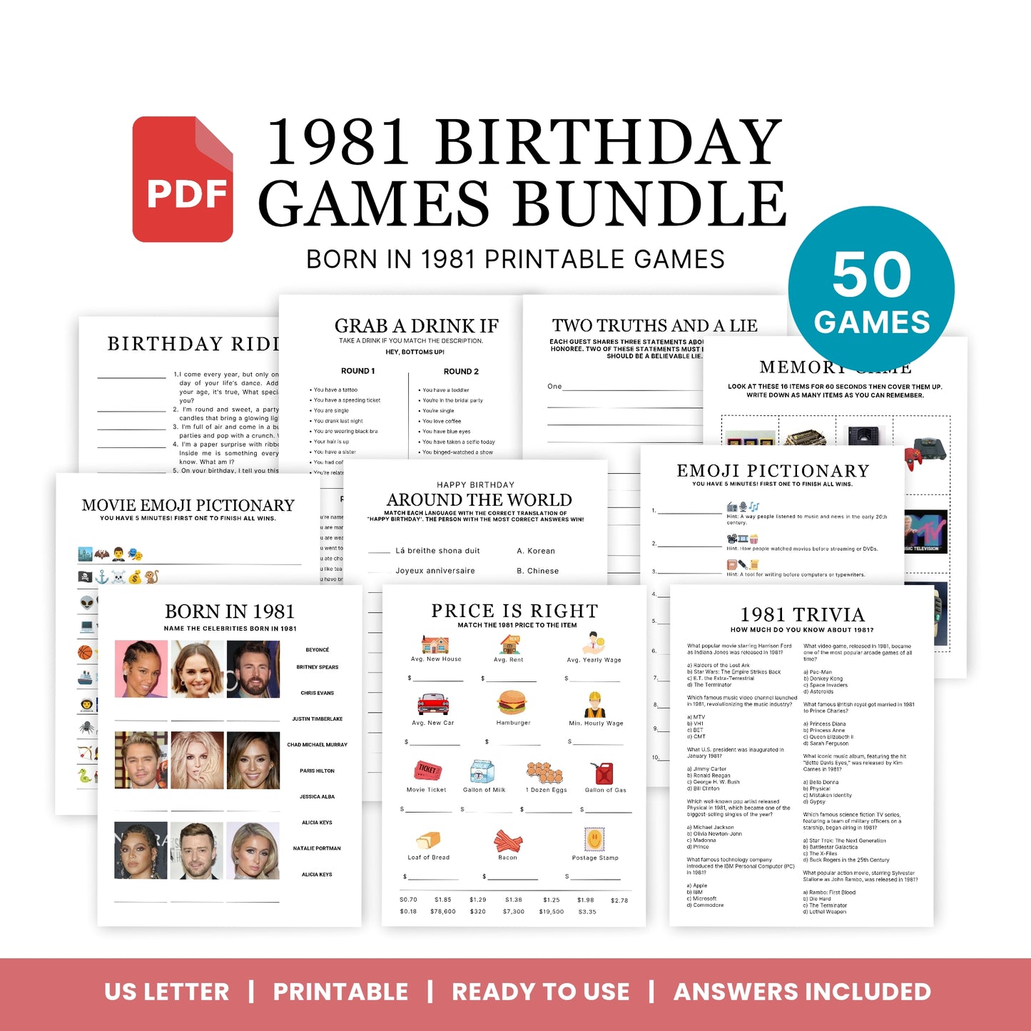 1981 Birthday Games, Born in 1981 Games, 45th Birthday Party Games, Printable Birthday Bundle