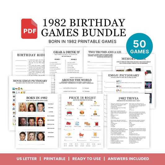 1982 Birthday Games, Born in 1982 Games, 44th Birthday Party Games, Printable Birthday Bundle