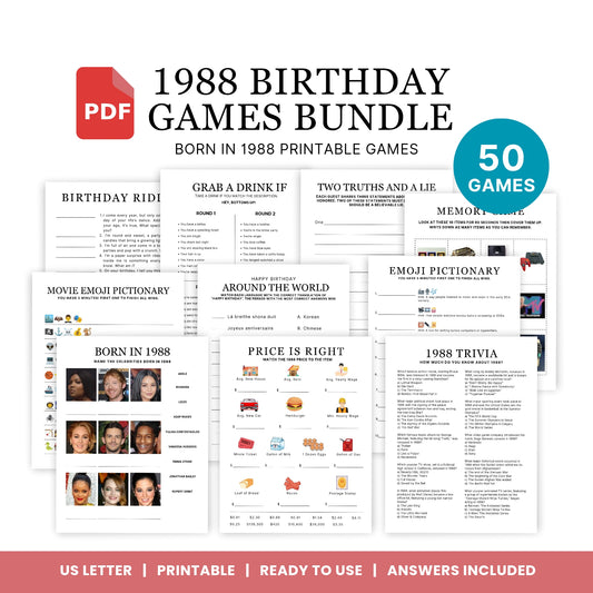 1988 Birthday Games, Born in 1988 Games, 38th Birthday Party Games, Printable Birthday Bundle
