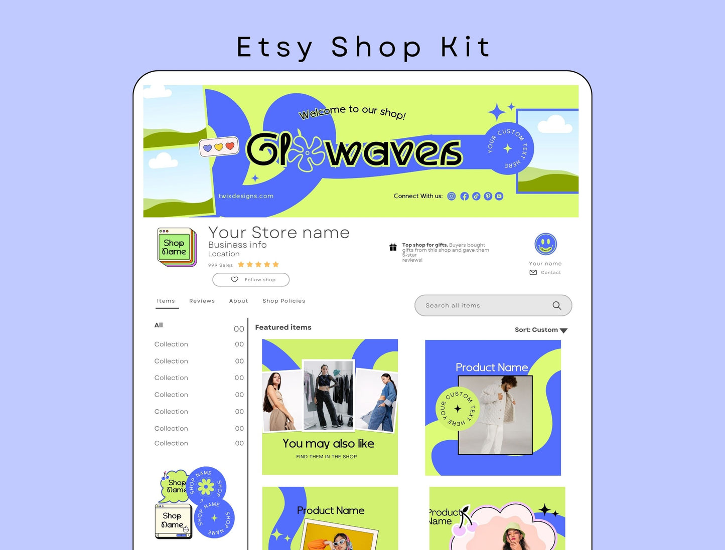Etsy Shop Kit Glowaves Bundle, Editable Canva Templates, Product Listing Photos Mockup, Etsy Seller Store Branding
