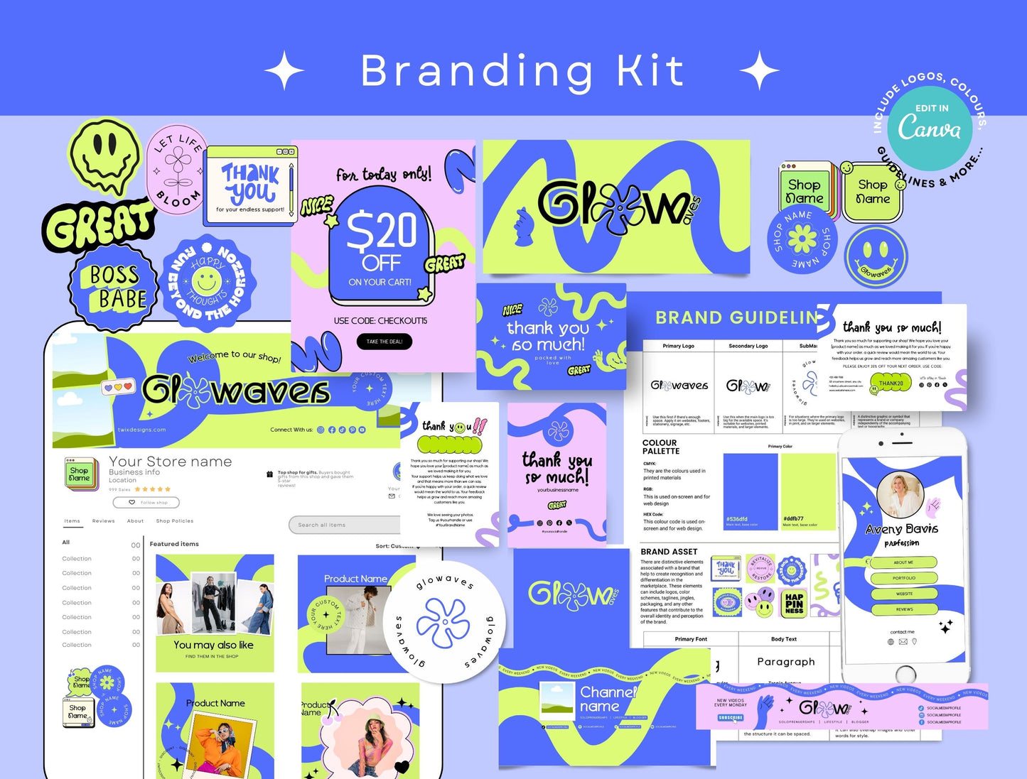 Branding Kit Glowaves Canva Templates Fashion Coach Etsy Kit Blue Green Theme