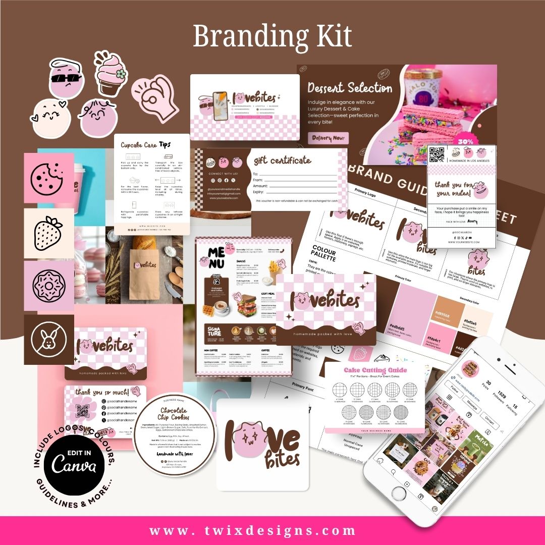Branding Kit lovebites Editable Canva Templates Business Cards Marketing Posts Sweet Choco Pink Bakery Cafe Theme