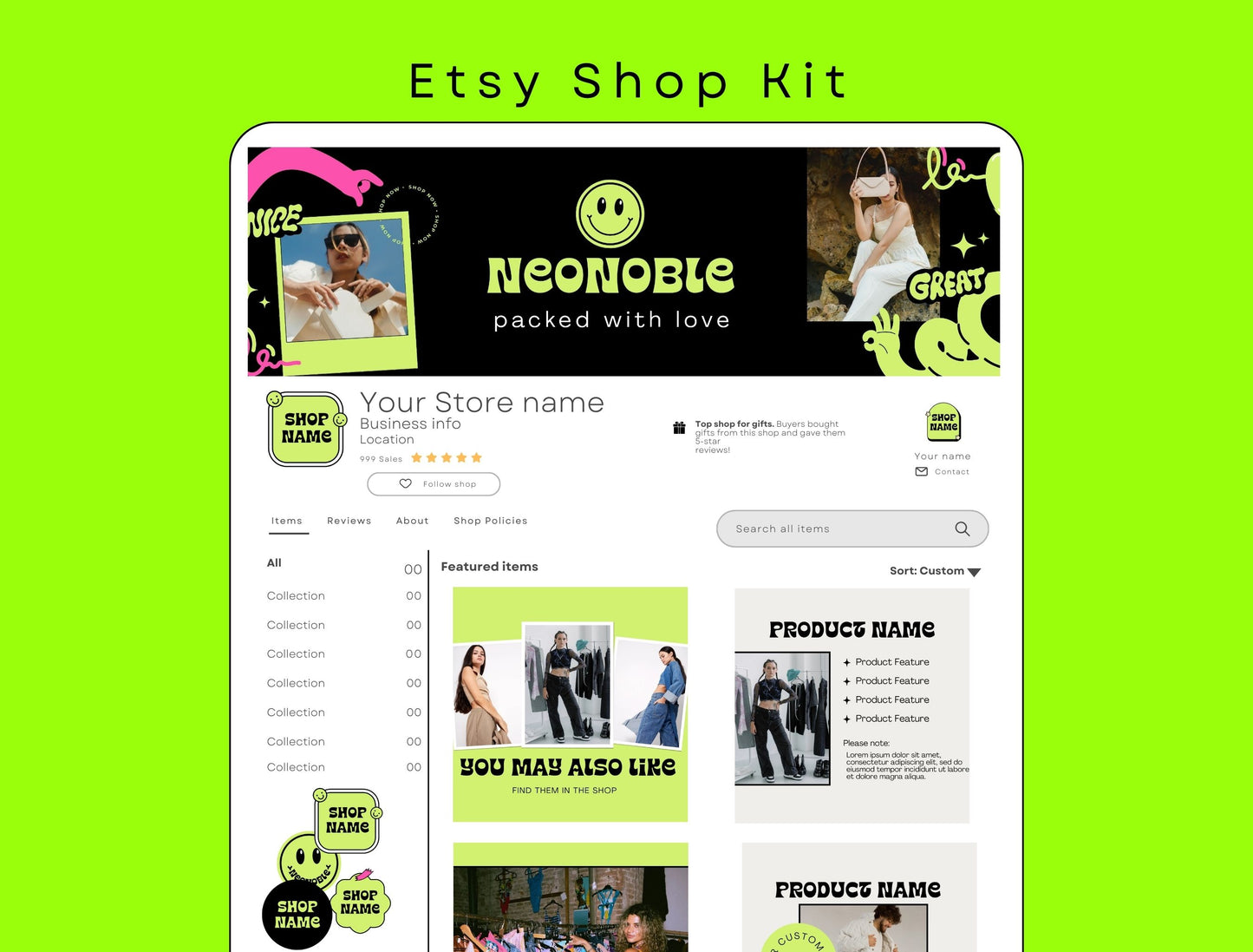 Etsy Shop Kit NeoNoble Bundle, Editable Canva Templates, Product Listing Photos Mockup, Etsy Seller Store Branding