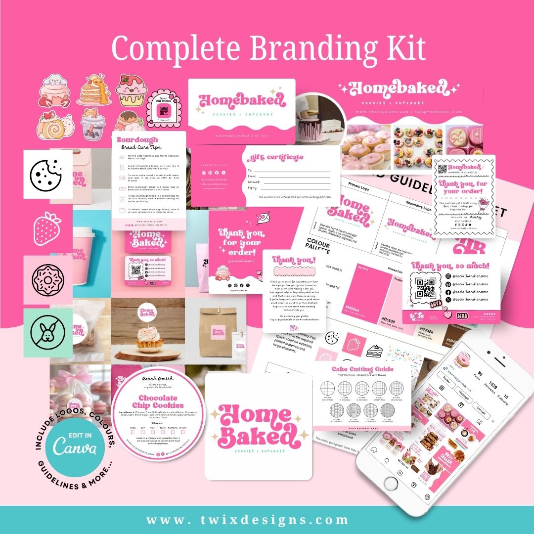 Branding Kit Pink Homemade Editable Canva Templates Business Cards Marketing Posts Sweet Pink Bakery Theme