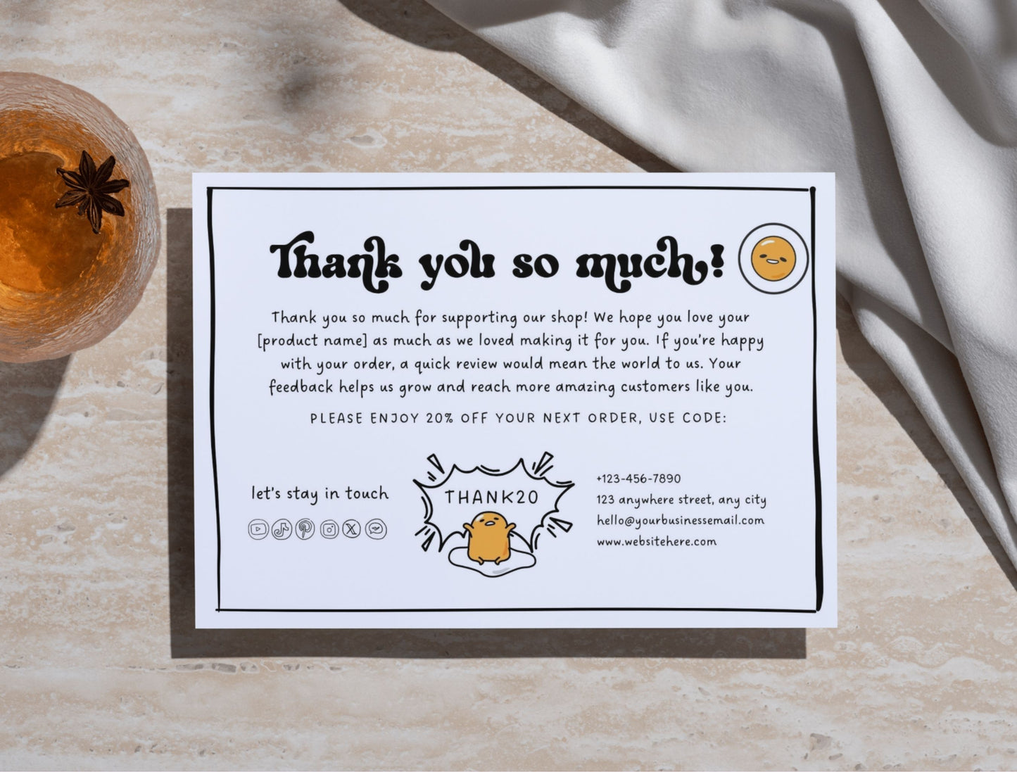 Small Business Printable Canva Templates – Thank You & Loyalty Card, Gift Certificate, QR Code Payment Gudetama Playful Fun Theme