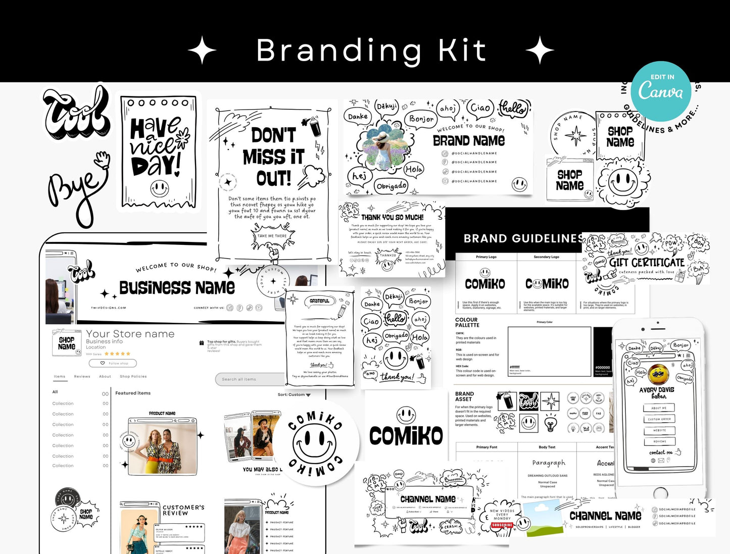 Branding Kit Comiko Editable Canva Templates Business Cards Marketing Posts Personal Brand Theme