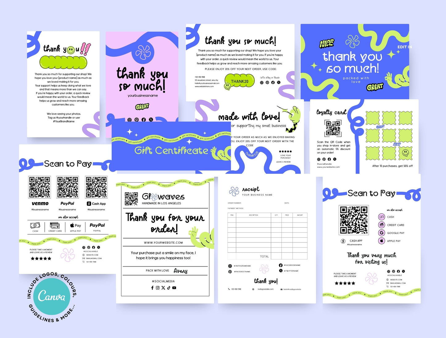 Small Business Printable Kit Canva Templates – Thank You Card, Loyalty Card, Gift Certificate, QR Code Payment Glowaves Theme
