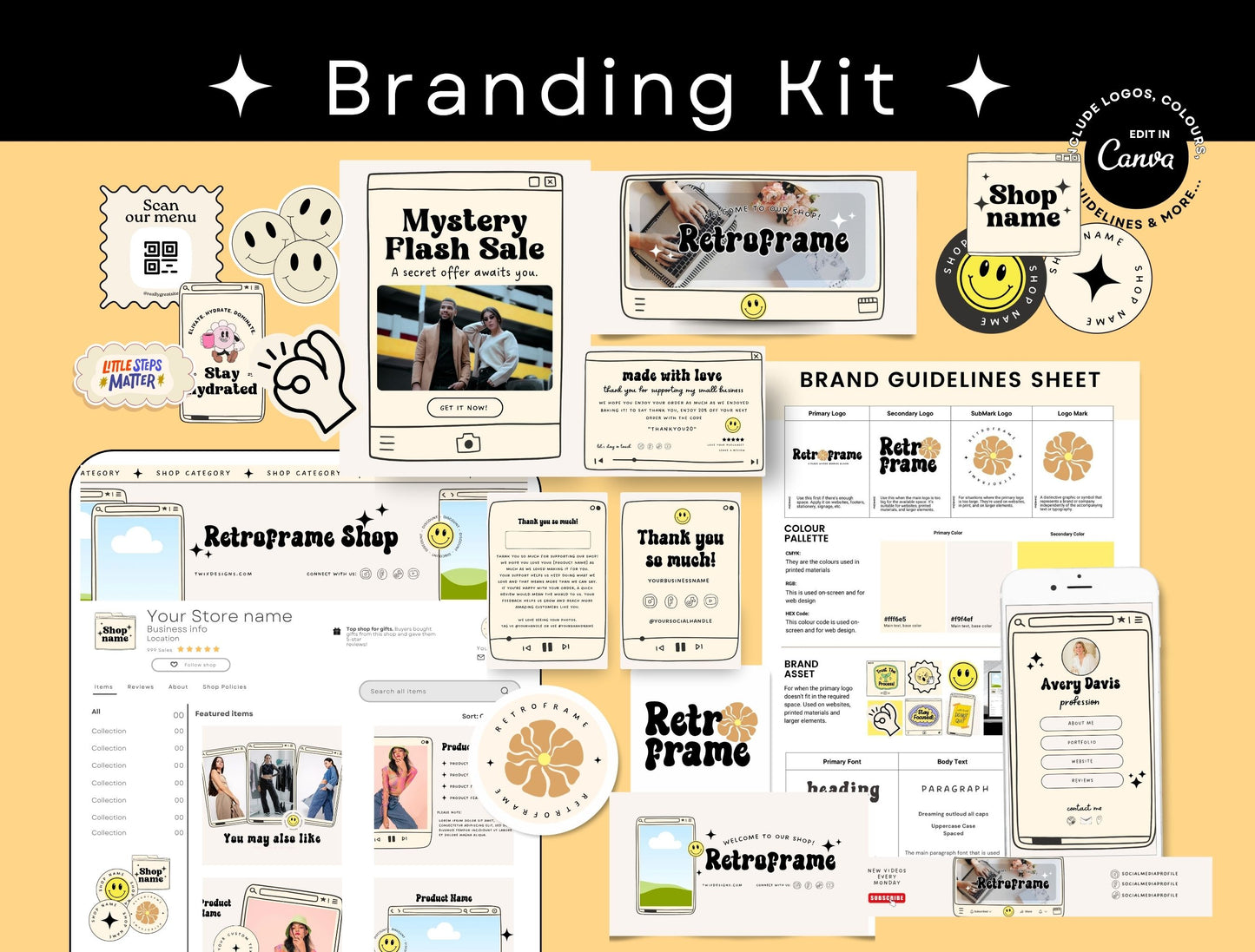 Branding Kit Retroframe Canva Templates Product Fashion Coach Etsy Kit Retro Drawn Beige Theme