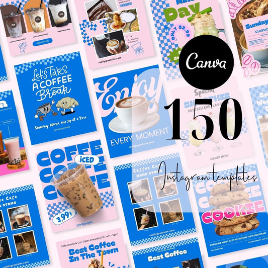 150 Java Cafe Blue Pink Vibrant Pop Colorful Social Media Instagram Post, Coffee Cafe Dessert Resto Theme Editable Canva Template