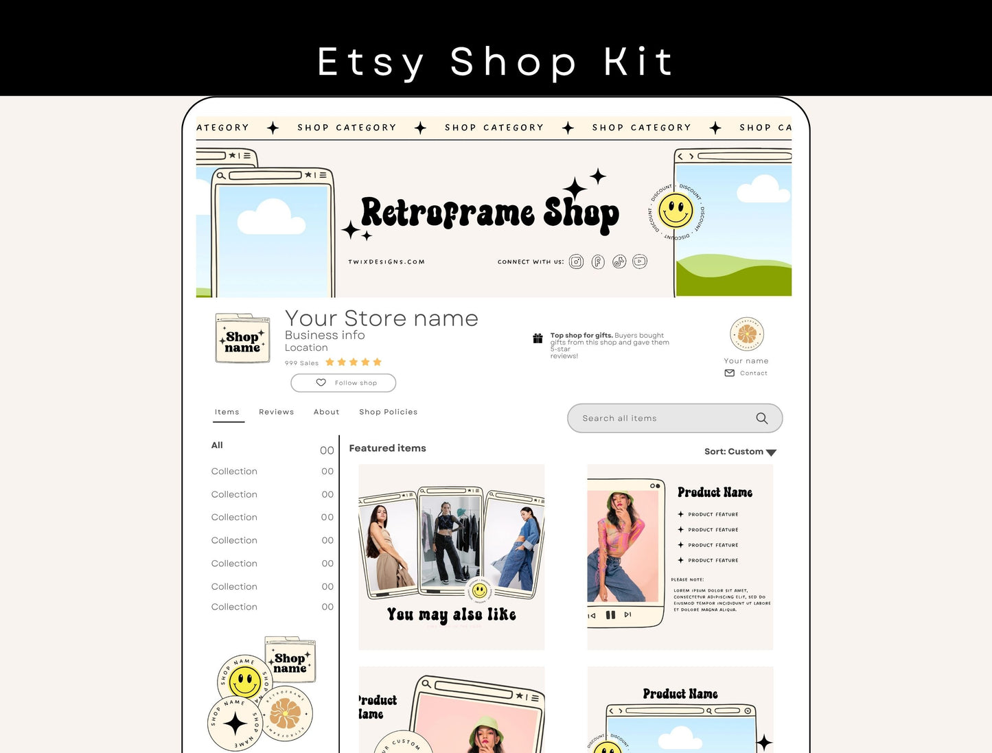 Etsy Shop Kit Retroframe Bundle, Editable Canva Templates, Product Listing Photos Mockup, Etsy Seller Retro Drawn Store Branding