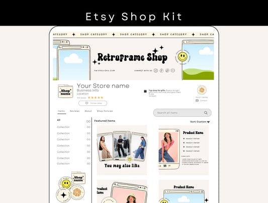 Etsy Shop Kit Retroframe Bundle, Editable Canva Templates, Product Listing Photos Mockup, Etsy Seller Retro Drawn Store Branding