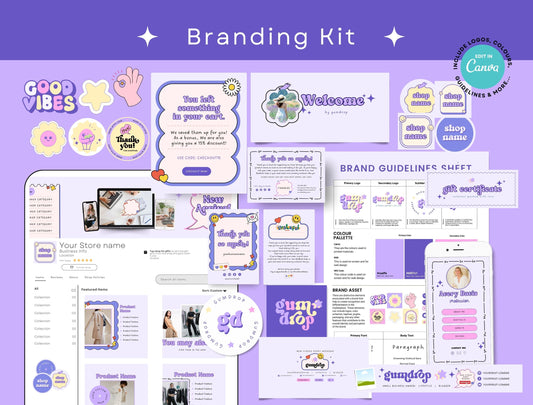 Branding Kit Cute Gumdrop Canva Templates Product Fashion Coach Etsy Kit Purple Theme