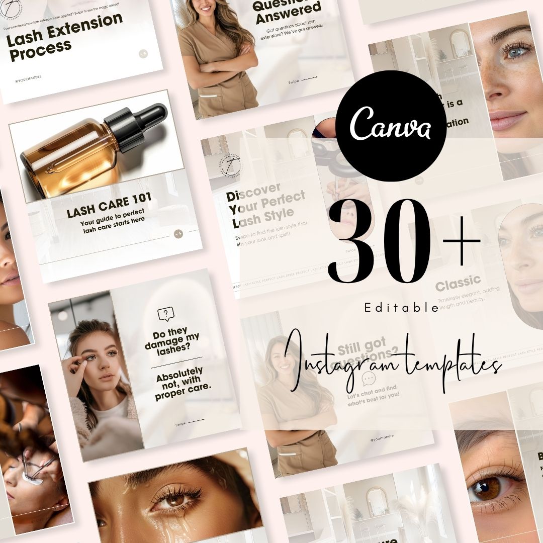 30 Lash Tech Carousel Instagram Posts Editable Canva Template