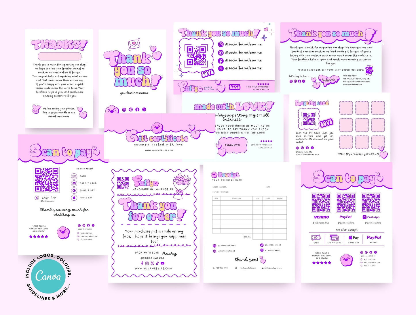 Small Business Printable Kit Canva Templates – Thank You Card, Loyalty Card, Gift Certificate, QR Code Payment Puffy Theme