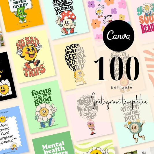 100 Fun Colorful Social Media Instagram Post, Retro Quote, Motivational and Inspirational Quotes, Editable Canva Coaching Templates