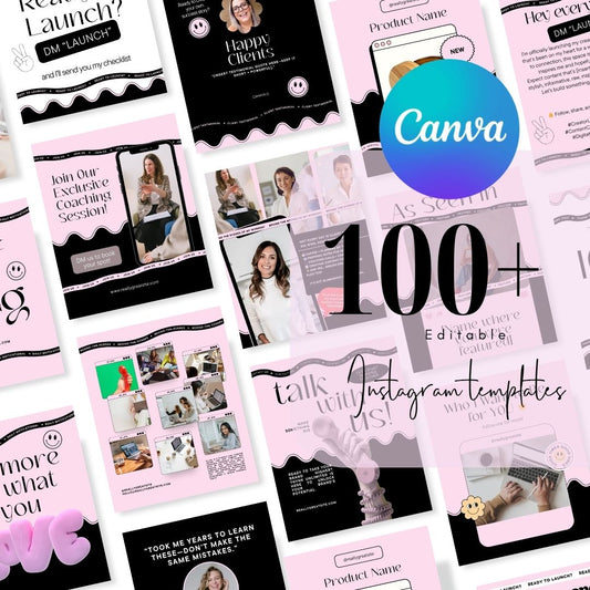100 Pinkvibe Social Media Instagram, Personal Coach Product Marketing Branding, Editable Canva Template
