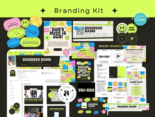Branding Kit Starry Canva Templates Product Fashion Coach Etsy Kit Black Green Theme