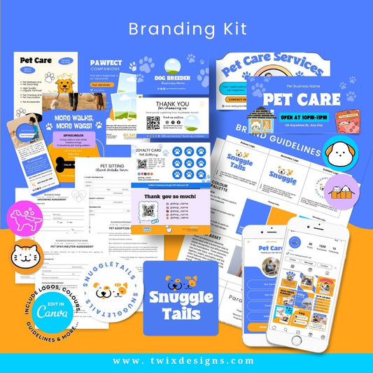 Branding Kit Snuggletails Pet Business Editable Canva Templates Business Cards Marketing Posts Blue Orange Theme