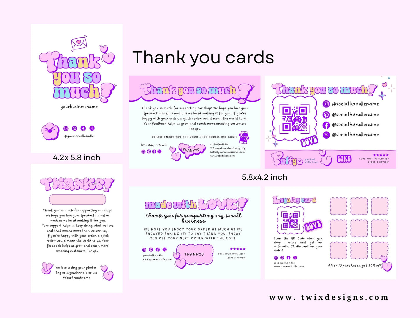 Small Business Printable Kit Canva Templates – Thank You Card, Loyalty Card, Gift Certificate, QR Code Payment Puffy Theme