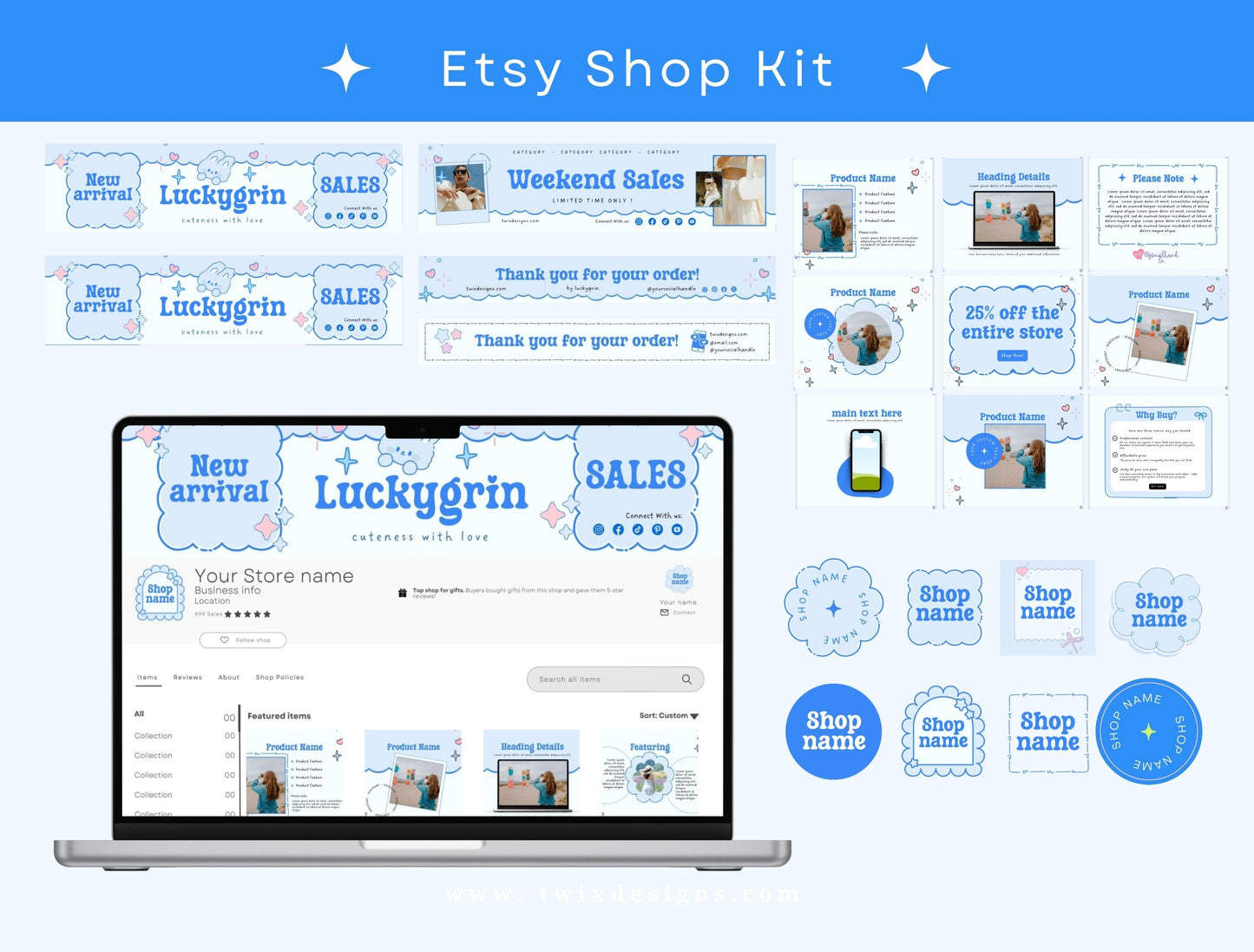 Branding Kit Luckygrin Canva Templates Product Fashion Coach Etsy Kit Light Blue Theme