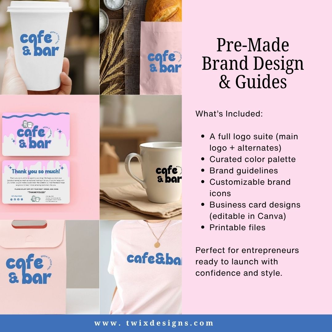Branding Kit Cafebar Editable Canva Templates Business Cards Marketing Posts Blue Pink Theme