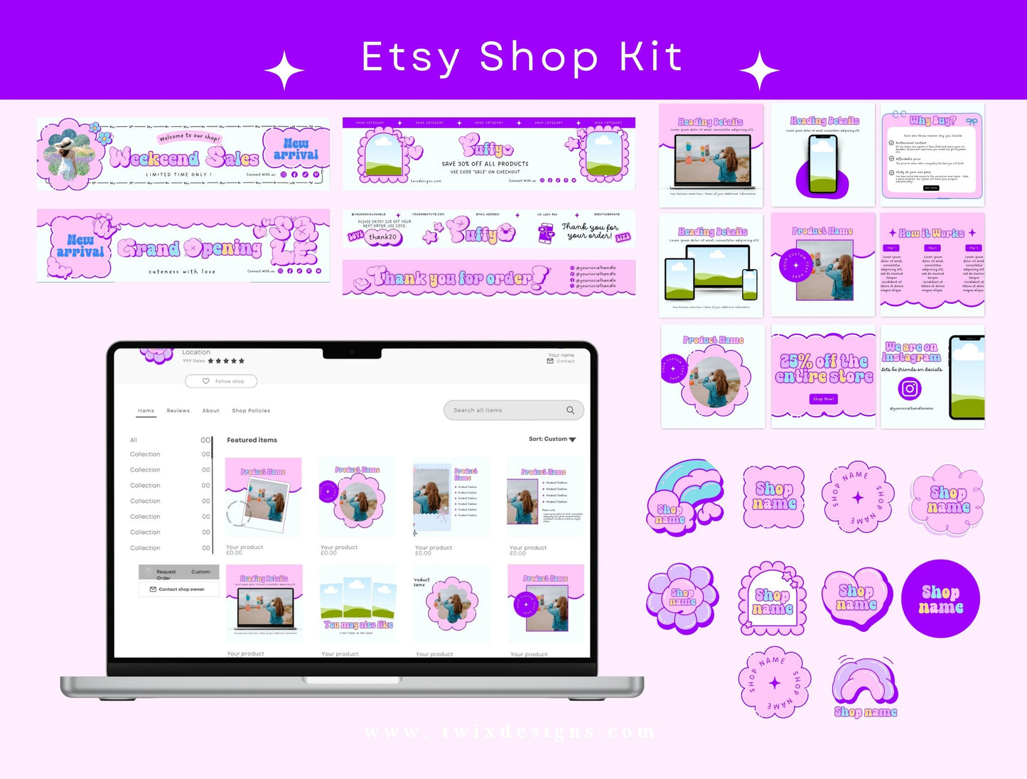 Branding Kit Puffy Canva Templates Product Fashion Coach Etsy Kit Blue Purple Theme