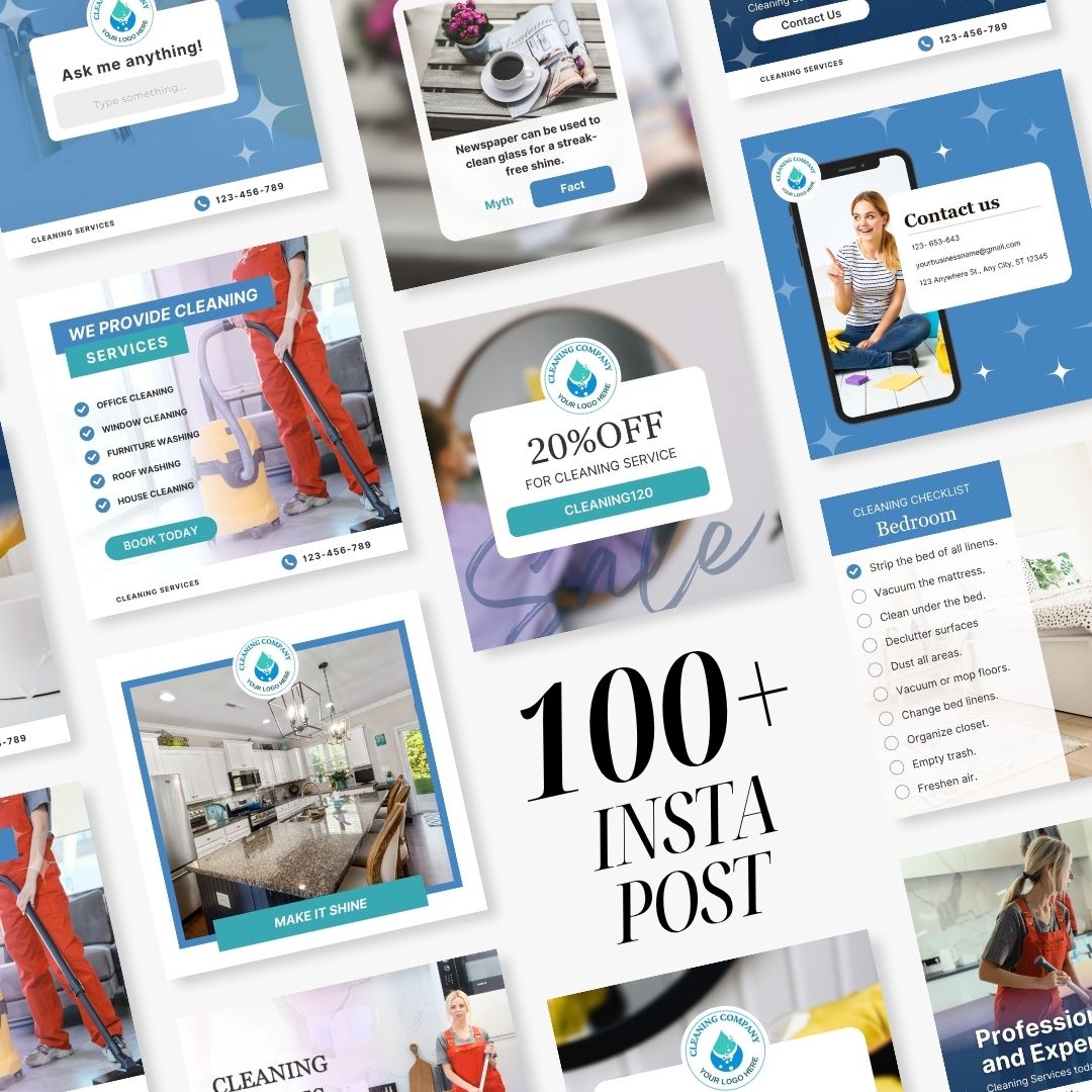 Cleaning Services Bundle, Business Forms, Door Hanger, Flyers, Business Card, Social Media Post, Canva Templates Blue Themes