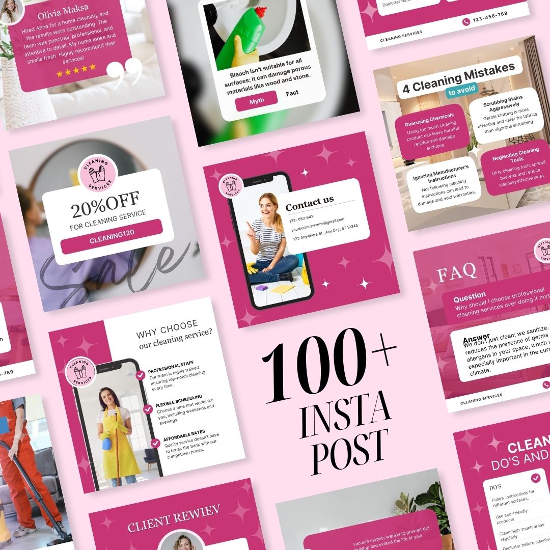 Cleaning Services Bundle, Business Forms, Door Hanger, Flyers, Business Card, Social Media Post, Canva Templates Pink Theme