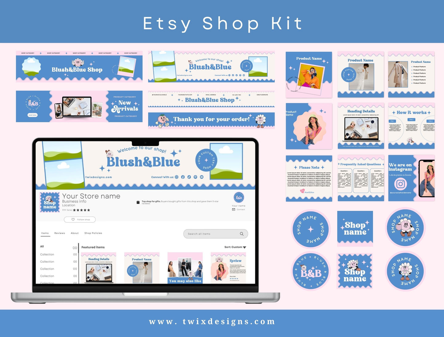Branding Kit Blush & Blue Canva Templates Product Fashion Coach Etsy Kit Shop