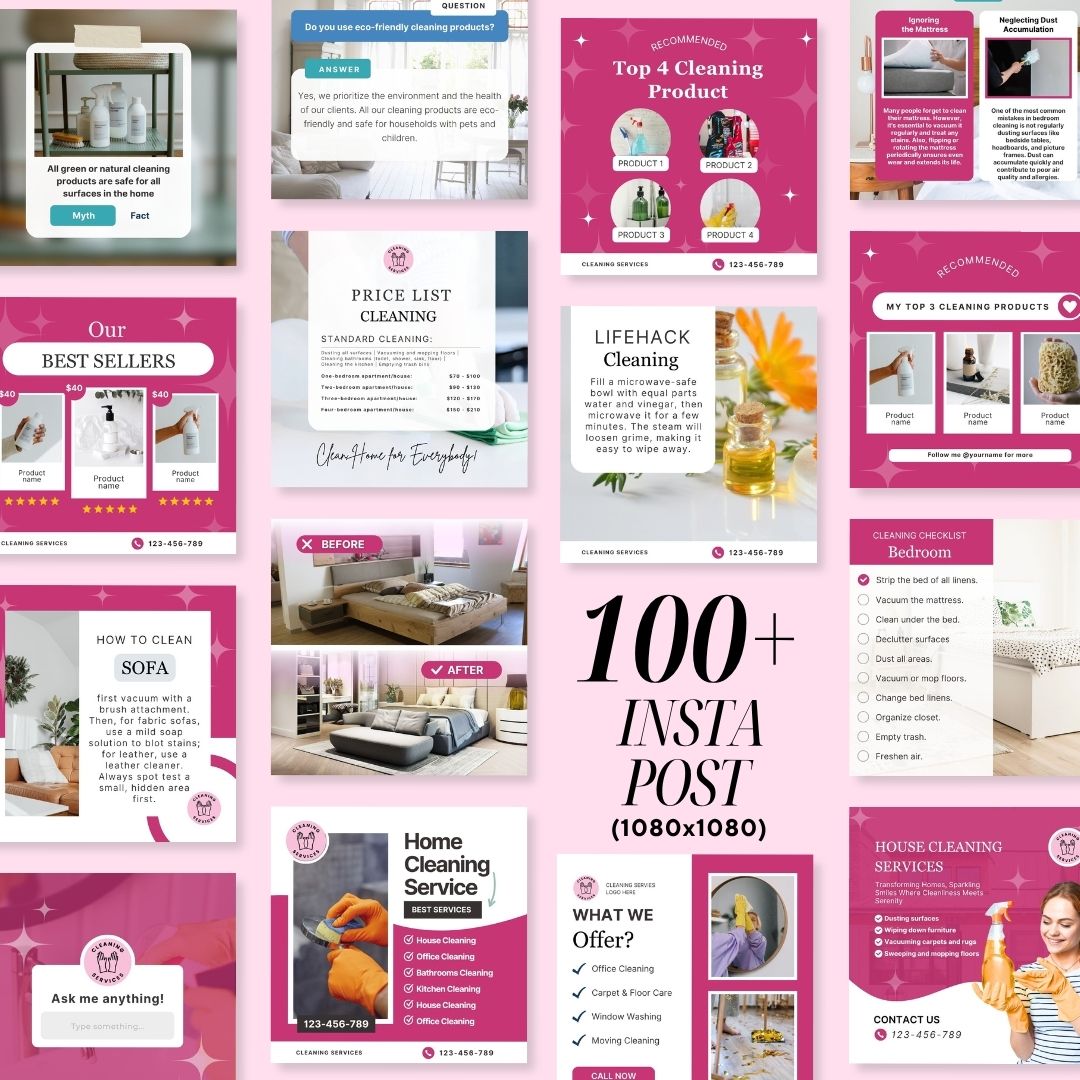 Cleaning Services Bundle, Business Forms, Door Hanger, Flyers, Business Card, Social Media Post, Canva Templates Pink Theme