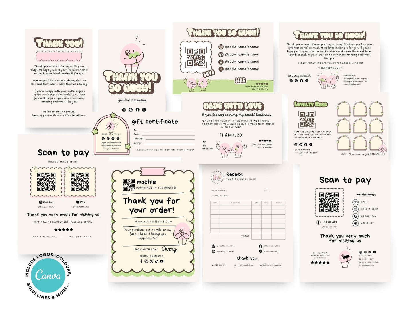 Small Business Printable Kit Canva Templates – Thank You Card, Loyalty Card, Gift Certificate, QR Code Payment Mochie Theme