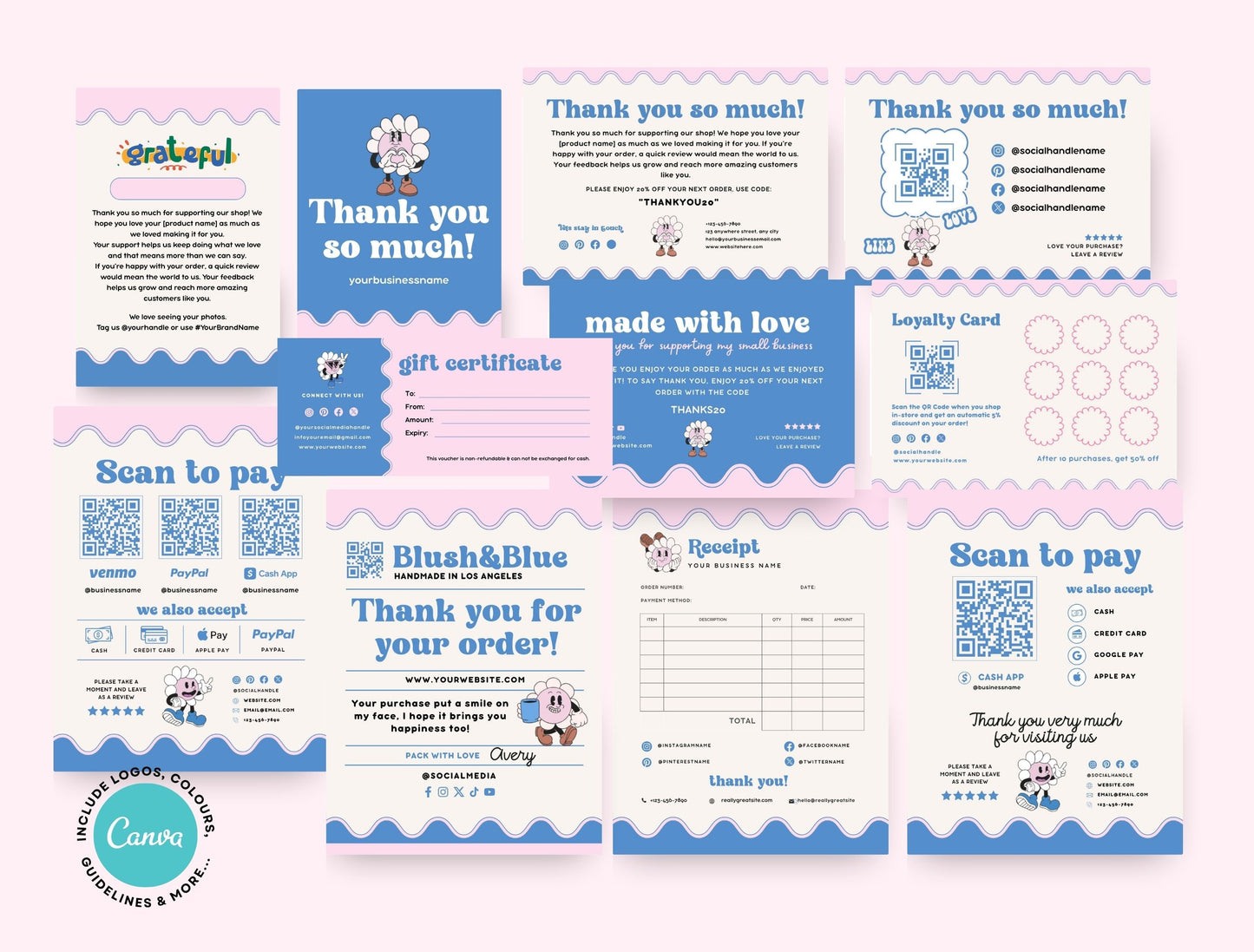 Small Business Printable Kit Canva Templates – Thank You Card, Loyalty Card, Gift Certificate, QR Code Payment Blush&Blue Theme