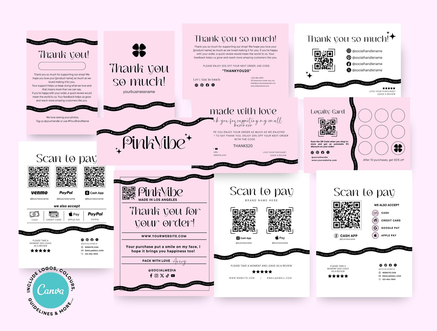 Small Business Printable Kit Canva Templates – Thank You Card, Loyalty Card, Gift Certificate, QR Code Payment Pinkvibe Theme