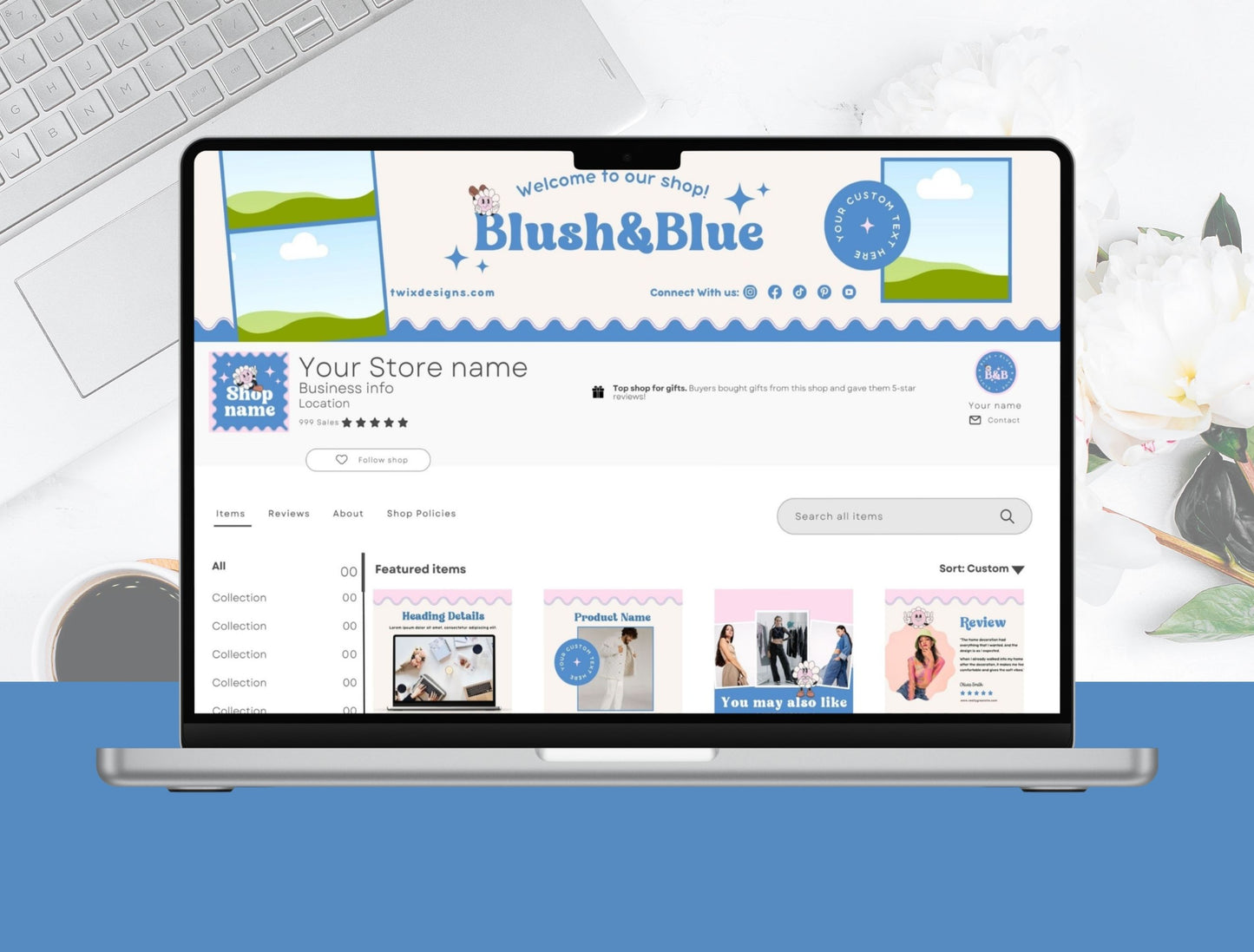 Etsy Shop Kit Blush&Blue Bundle, Editable Canva Templates, Product Listing Photos Mockup, Etsy Seller Store Branding