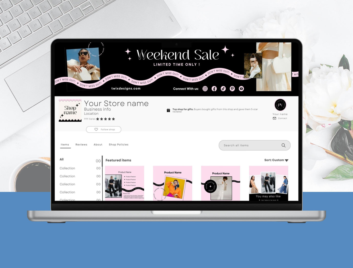 Etsy Shop Kit Pinkvibe Bundle, Editable Canva Templates, Product Listing Photos Mockup, Etsy Seller Retro Drawn Store Branding