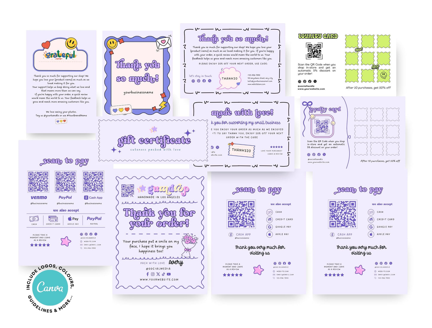Small Business Printable Kit Canva Templates – Thank You Card, Loyalty Card, Gift Certificate, QR Code Payment Gumdrop Theme