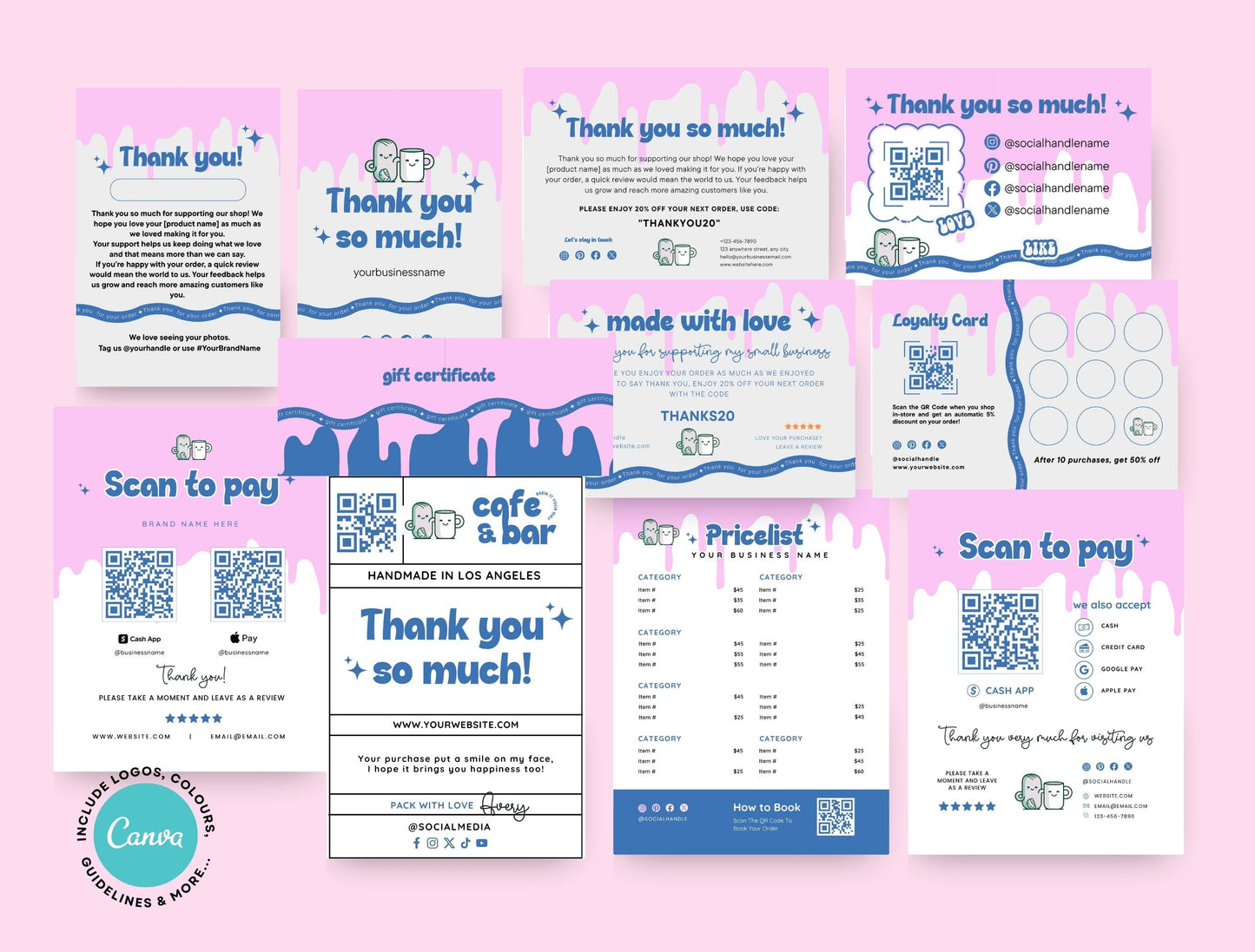 Small Business Printable Kit Canva Templates – Thank You Card, Loyalty Card, Gift Certificate, QR Code Payment Cafebar Theme